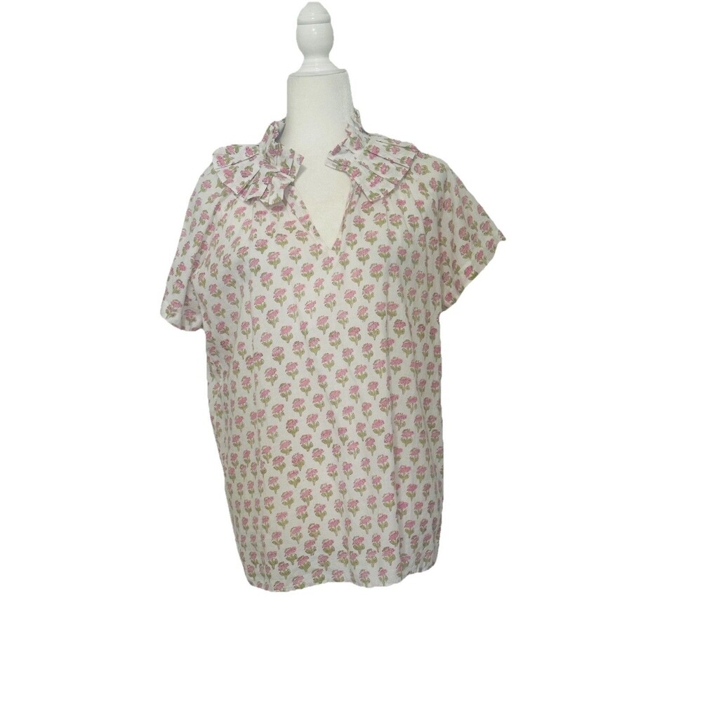 SAULE PARC  Size S Cotton Ruffle Neckline Short Sleeved Floral Blouse Feminine